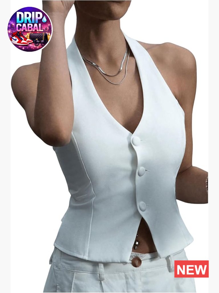 Button Down Suit Vest Halter V Neck Backless Sleeveless Tank Top